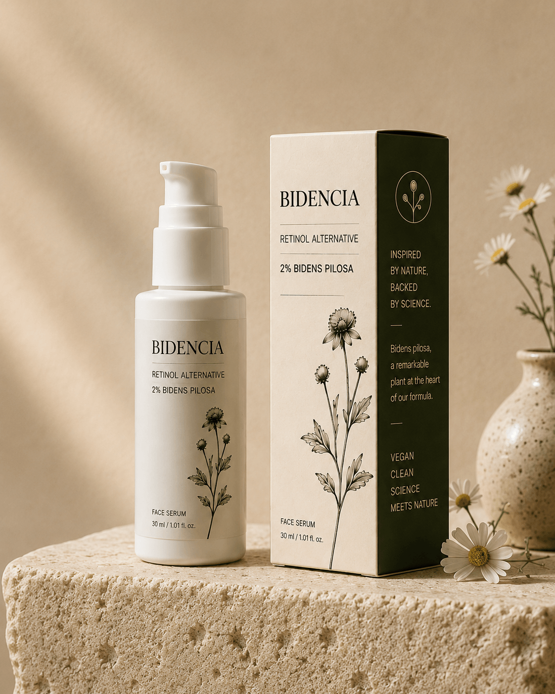 BIDENCIA Retinol Alternative Serum, 30ml, next to its packaging